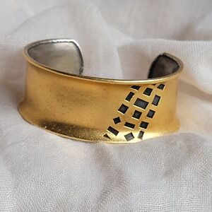Vintage Artisan Cuff Bracelet Gold-plated Sterling Modernist Geometric Signed
